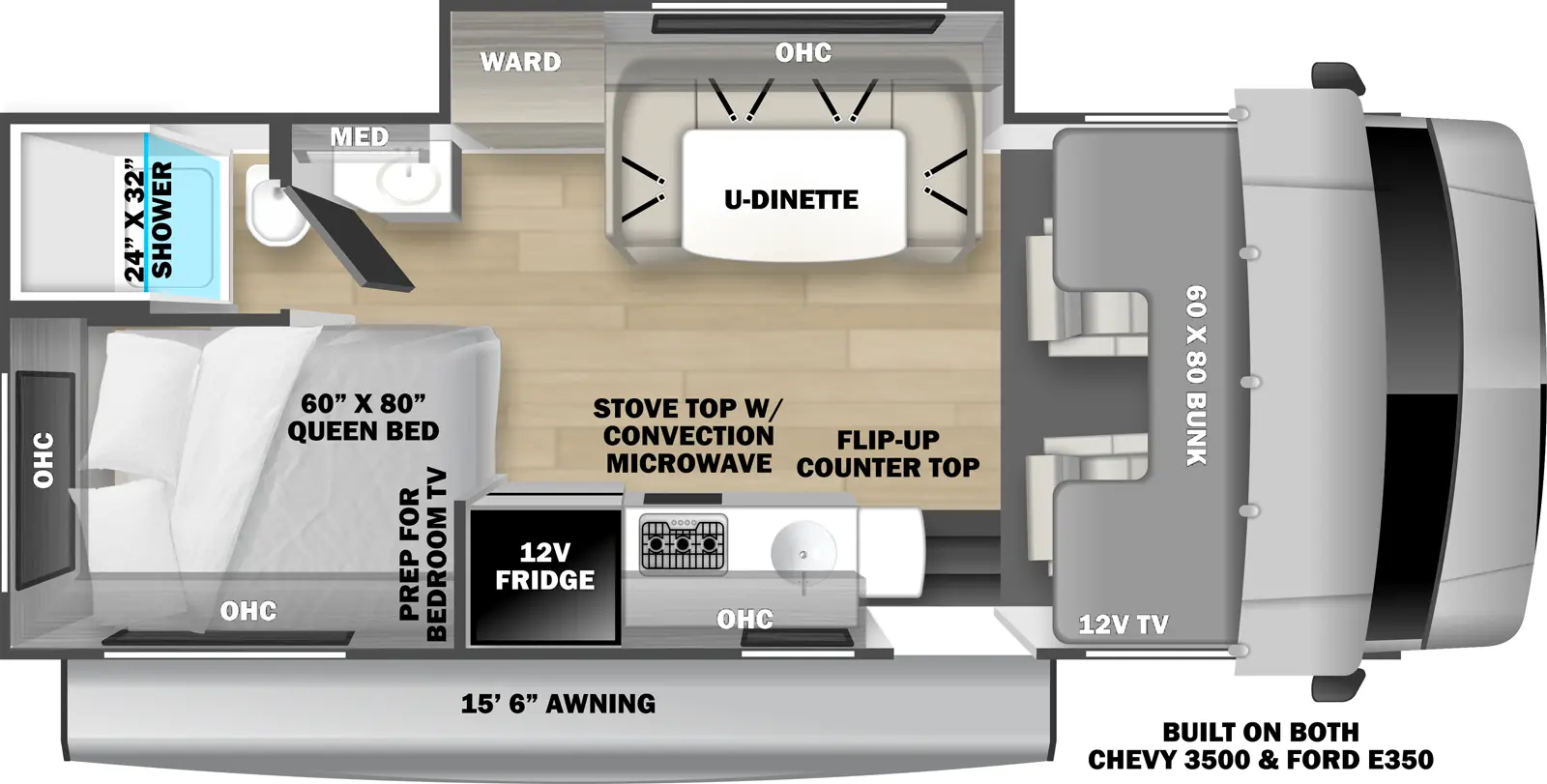 The 2151SLE has 1 slide out. Exterior featuers include a 15 ft. 6 in. awning and is built on the Chevrolet 3500 chassis. Interior layout from front to back incldues a front 60 x 80 cab over bunk with 12V TV; off-door side slide out with U-Dinette, wardrobe and overhead cabinet; door side kitchen with 12V refrigerator, stovetop with convection microwave, overhead cabinet, sink and flip-up countertop extension; rear corner bedroom with 60 x 80 Queen bed and prep for bedroom TV; rear corner bathroom with 24 x 32 shower, toilet, medicine cabinet and sink.